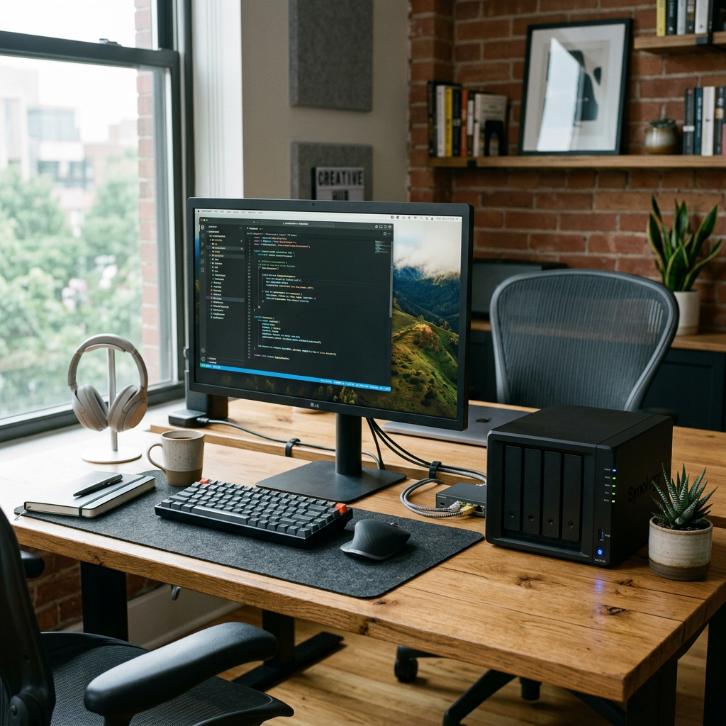 Desk setup with monitor showing code editor, keyboard, mouse, headphones, and external storage device